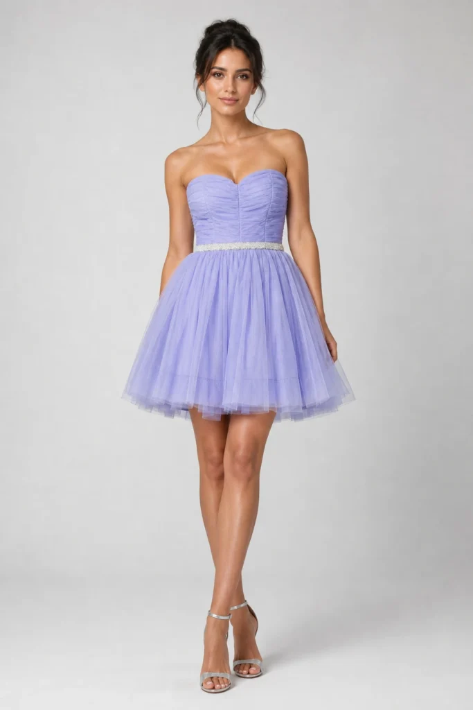 Abito da cerimonia corto lilla Gigliola in tulle con corpetto arricciato e gonna a palloncino