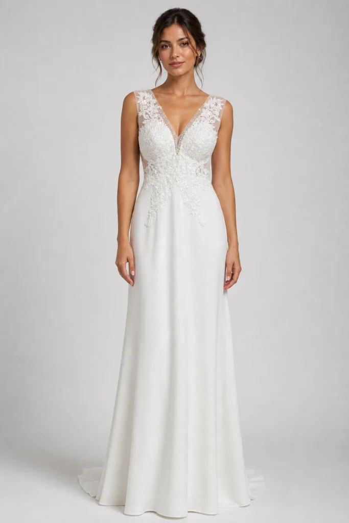 Abito da sposa lungo Anita con corpetto ricamato in pizzo e strass su tulle trasparente