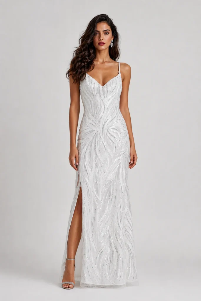 Abito da sposa slip dress Stella ricamato a paillettes bianche e argento con motivo a fiamma
