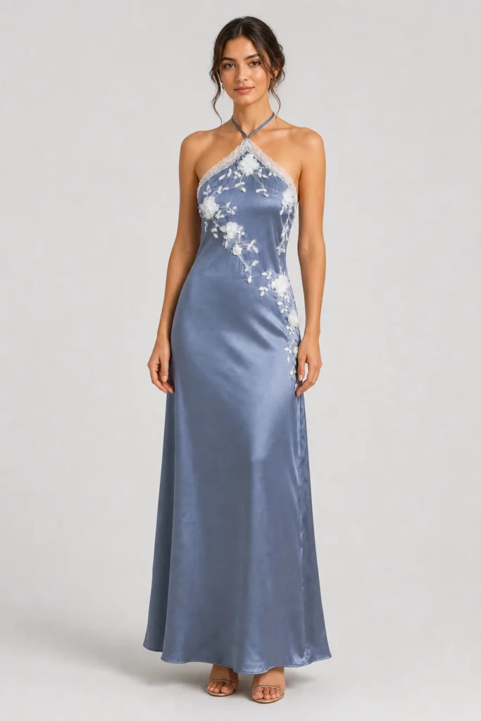 Abito da sera Hiroko in raso azzurro polvere con scollo all'americana e ricamo floreale