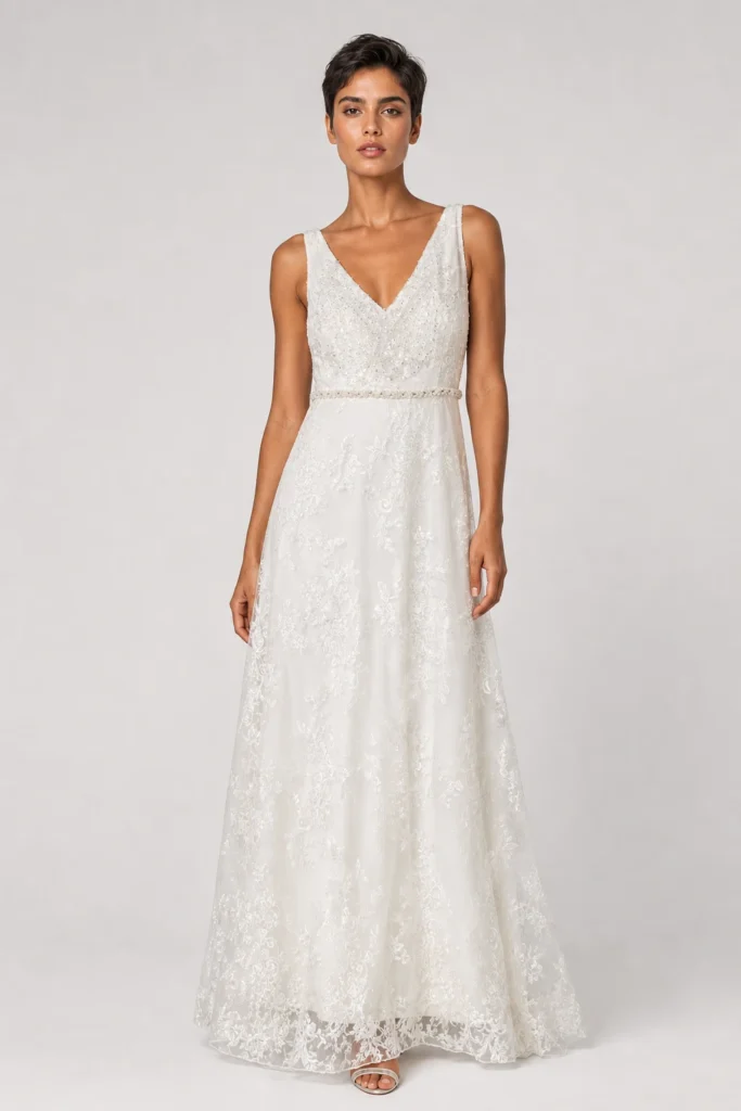 Abito da sposa Charlotte in pizzo ricamato con scollo a V e fascia di perle in vita