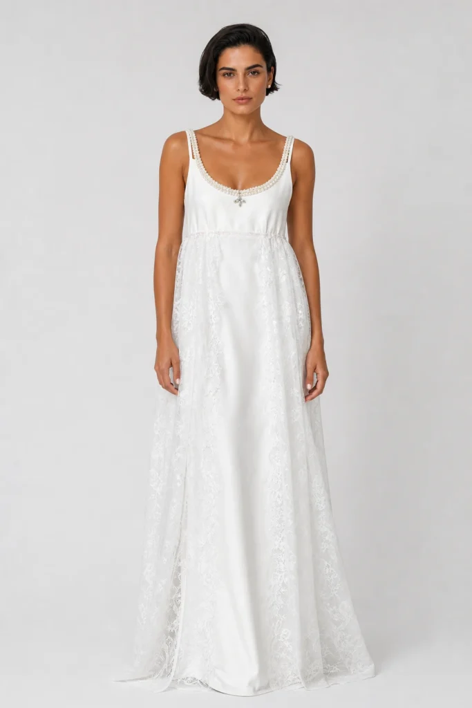 Abito da sposa Sara in pizzo chantilly su jersey bianco con spalline ricoperte di perle