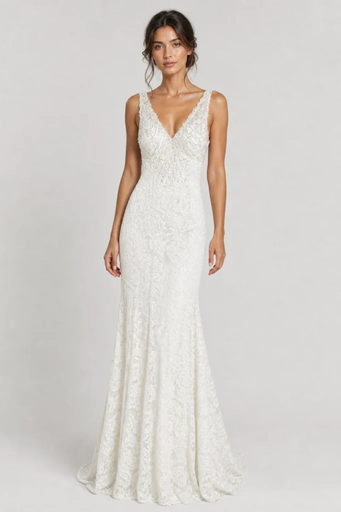Abito da sposa a sirena Ivonne in pizzo avorio con scollo a V profondo e ricami a paillettes