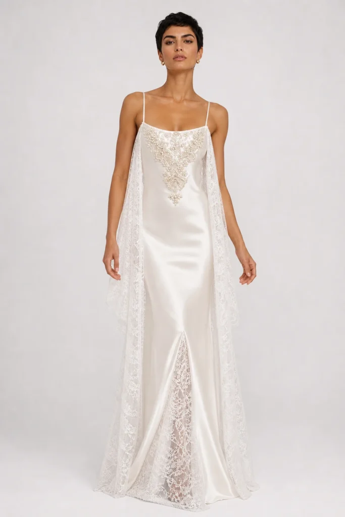 Abito da sposa a colonna Eleonora in jersey avorio con ricamo di perle sul décolleté