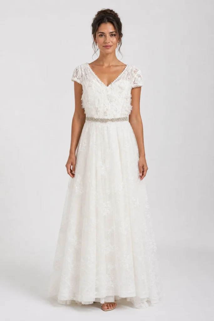 Abito da sposa Loretta in pizzo chantilly avorio con maniche corte e fascia di Swarovski in vita