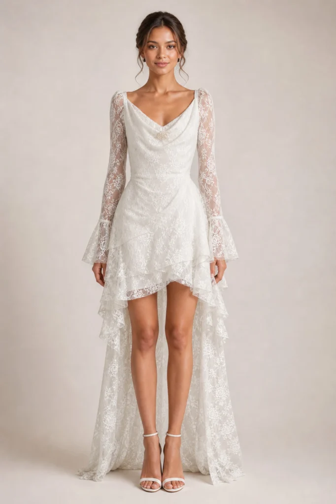 Abito da sposa Silvana in pizzo avorio con gonna a balze corta davanti e maniche a campana