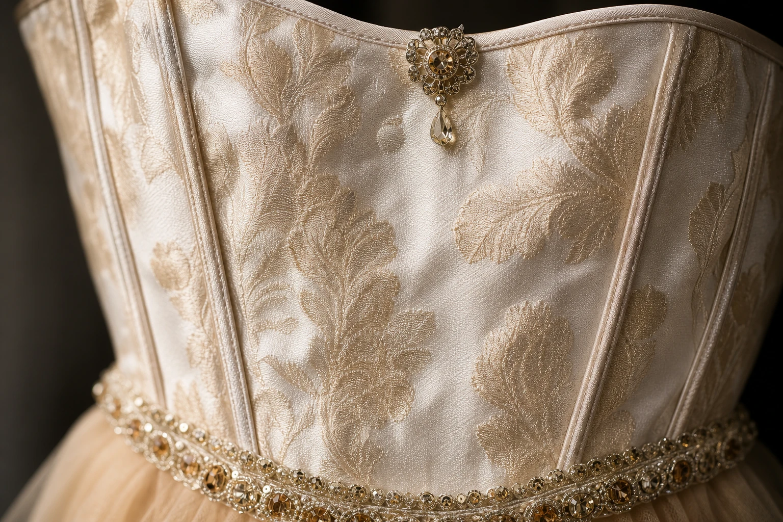 Dettaglio del raso jacquard broccato del corpetto e della fascia in perline e microcristalli