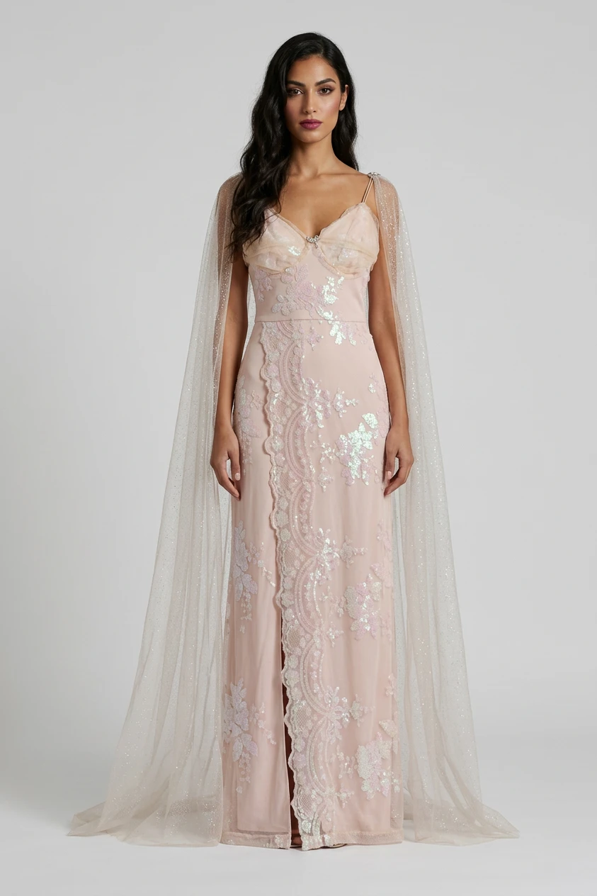 Abito lungo Alba rosa cipria in pizzo di paillettes iridescenti con mantellina in tulle glitterato
