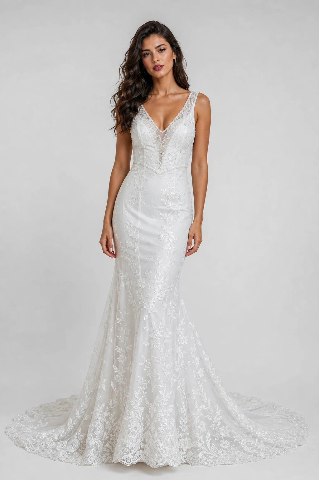 Abito da sposa a sirena Vincenza in pizzo chantilly ricamato con scollo a V perlato