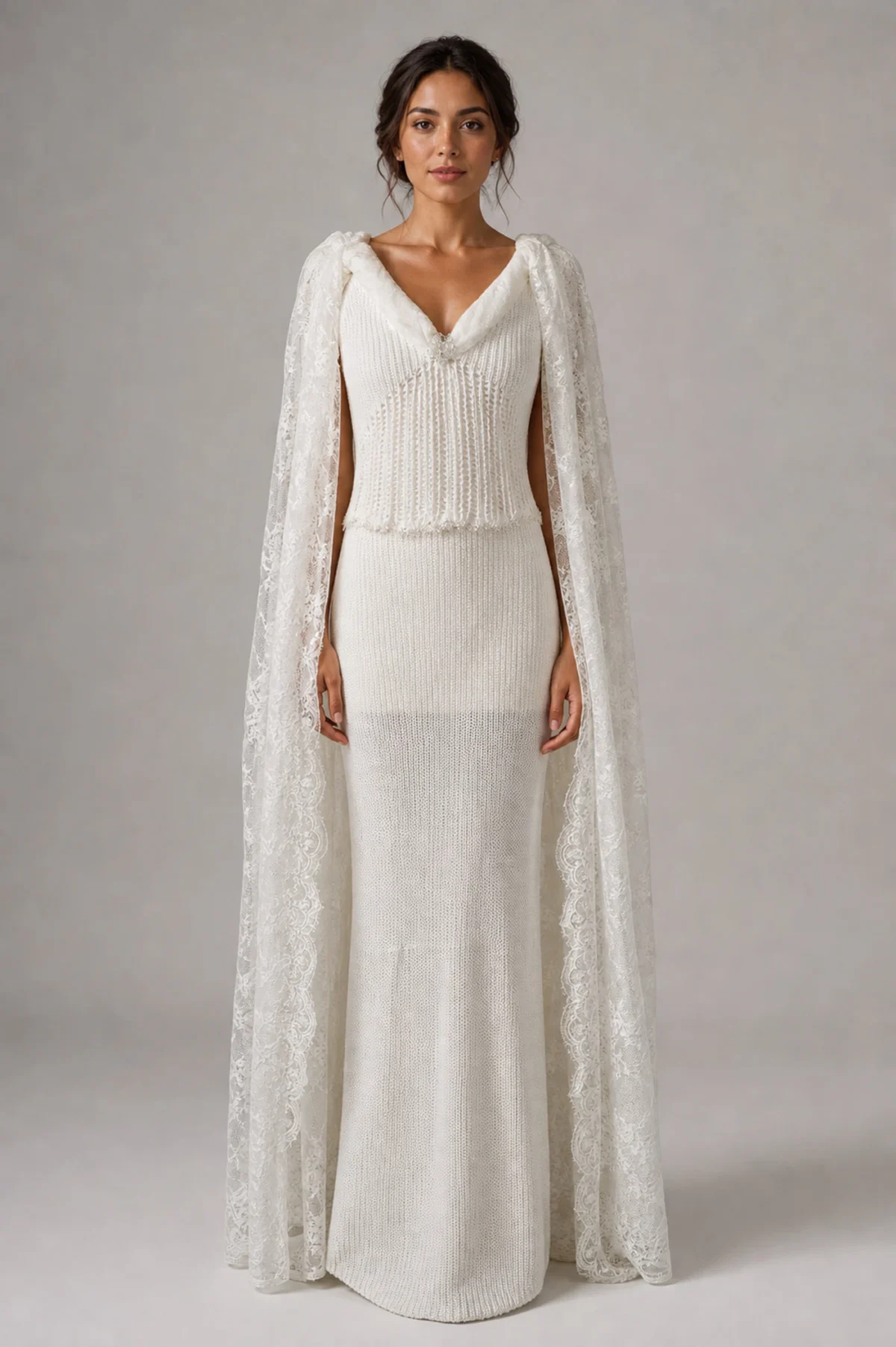 Abito da sposa Elena in maglia a costine con corpetto a frange e scialle in pizzo chantilly