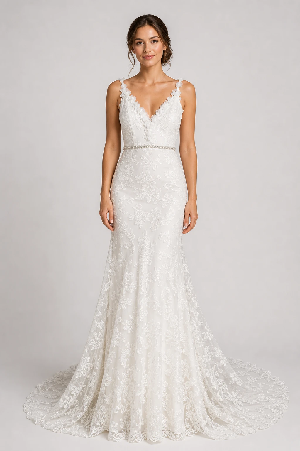 Abito da sposa Beatrice in pizzo ricamato avorio con scollo a V bordato di perline