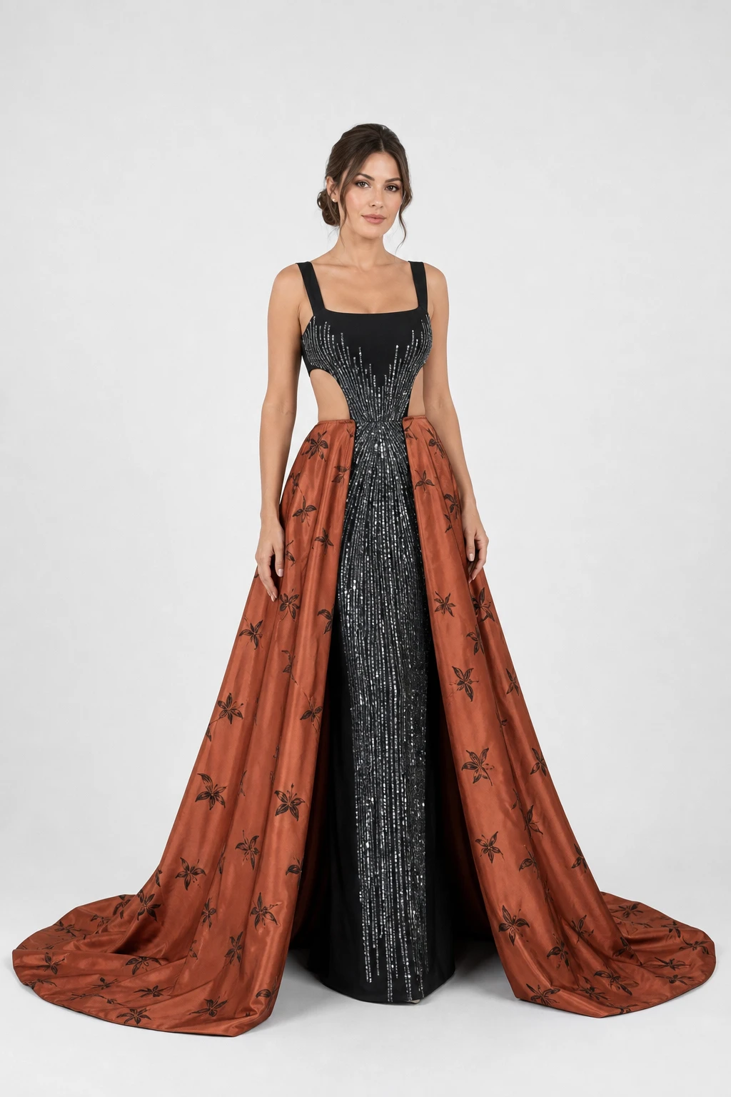 Abito da sera Vittoria in paillettes nere con sopragonna in setone terracotta a fiori