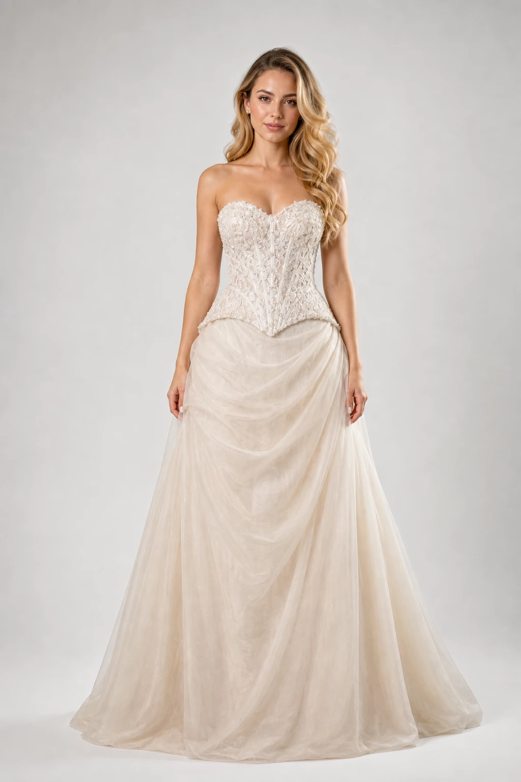 Abito da sposa Malika con bustino a cuore champagne ricamato e gonna principesca in voile