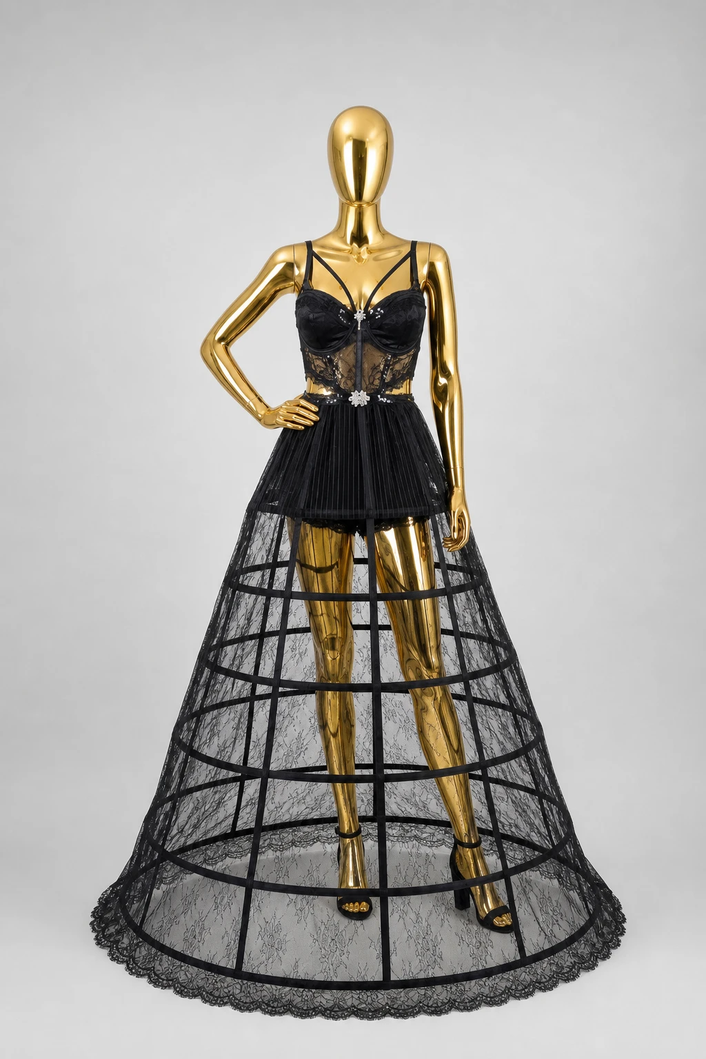 Abito gothic-chic Angel in nero con bustino in pizzo chantilly e crinolina a struttura aperta