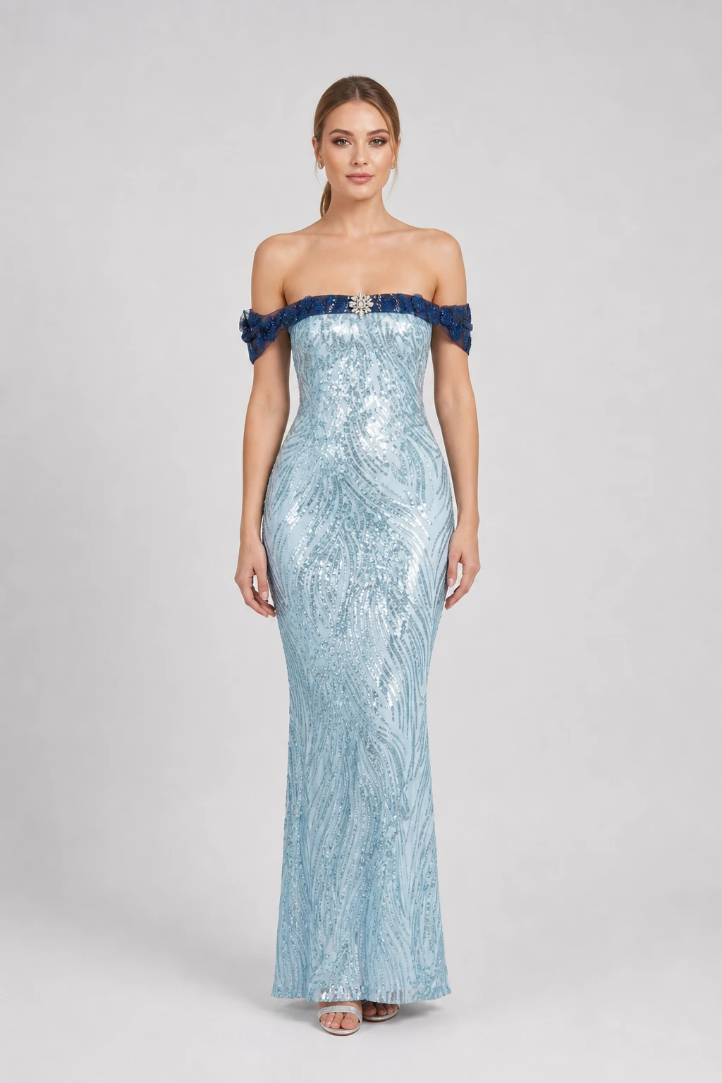 Abito a sirena Maddy in paillettes cangianti acquamarina con scollo bardot in pizzo blu