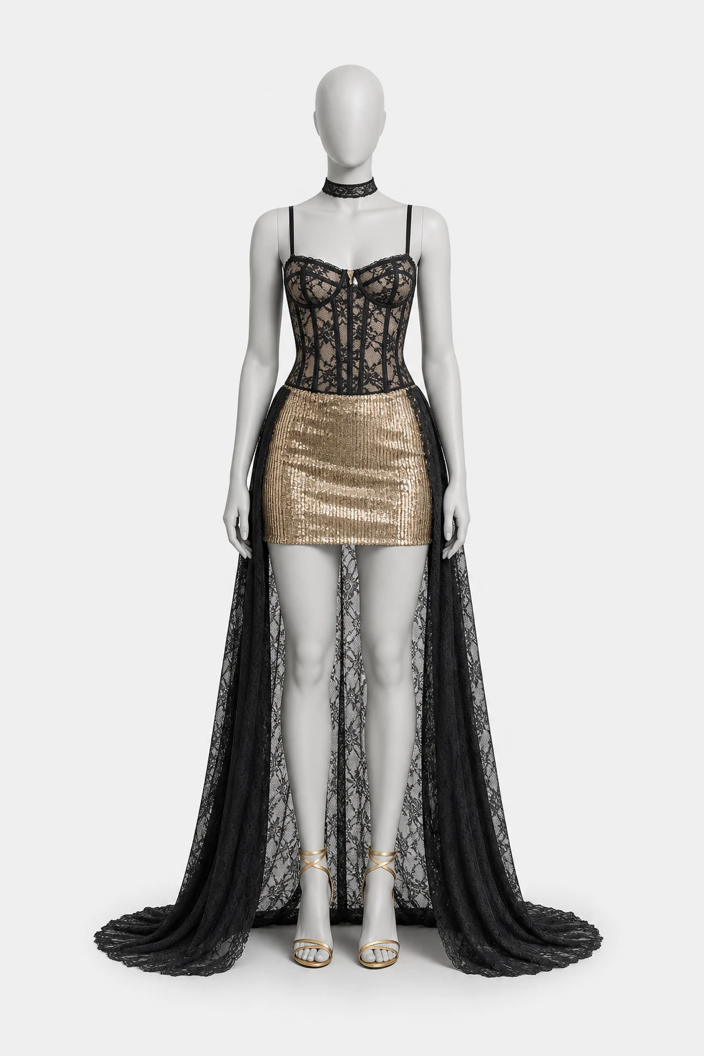 Completo da sera Cloe con corsetto nero a motivo cachemire e minigonna in lamé oro-bronzo