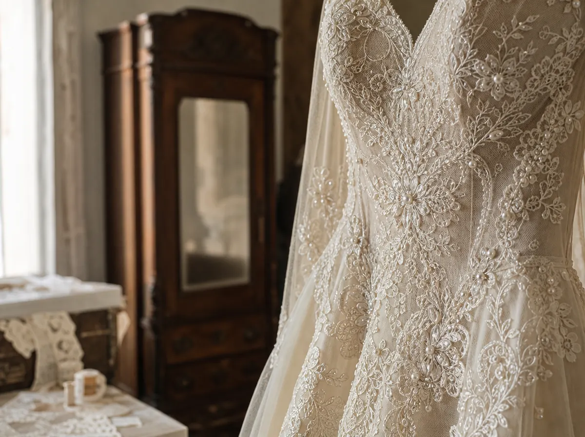 Dettaglio del ricamo in pizzo con perle e cristalli applicati a mano su un abito da sposa Le Gioie di Rosa