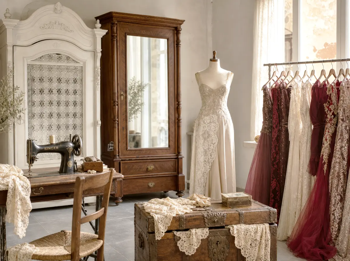 Micaela al lavoro in atelier tra tessuti, ago e strumenti da sartoria
